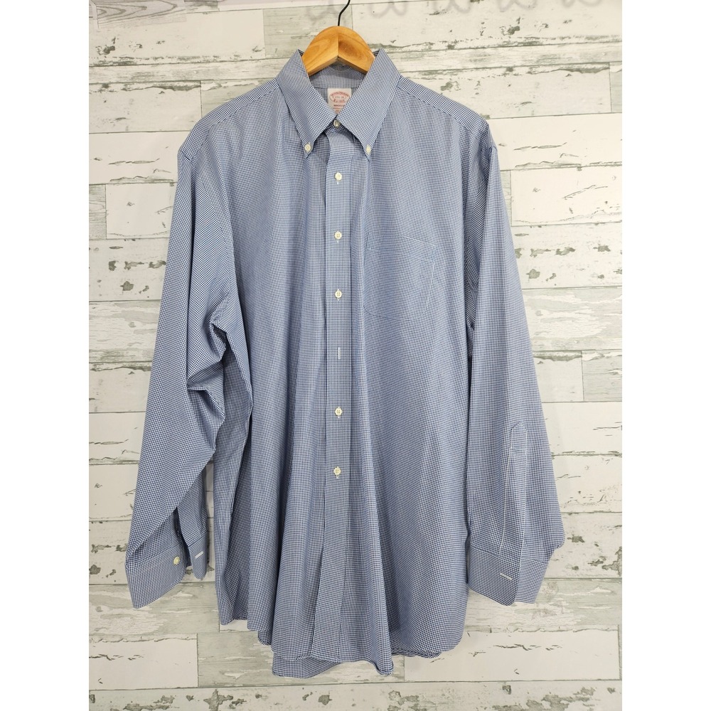 Brooks Brothers Madison Shirt Mens 17.5 35 Blue White Check Non-Iron Cotton